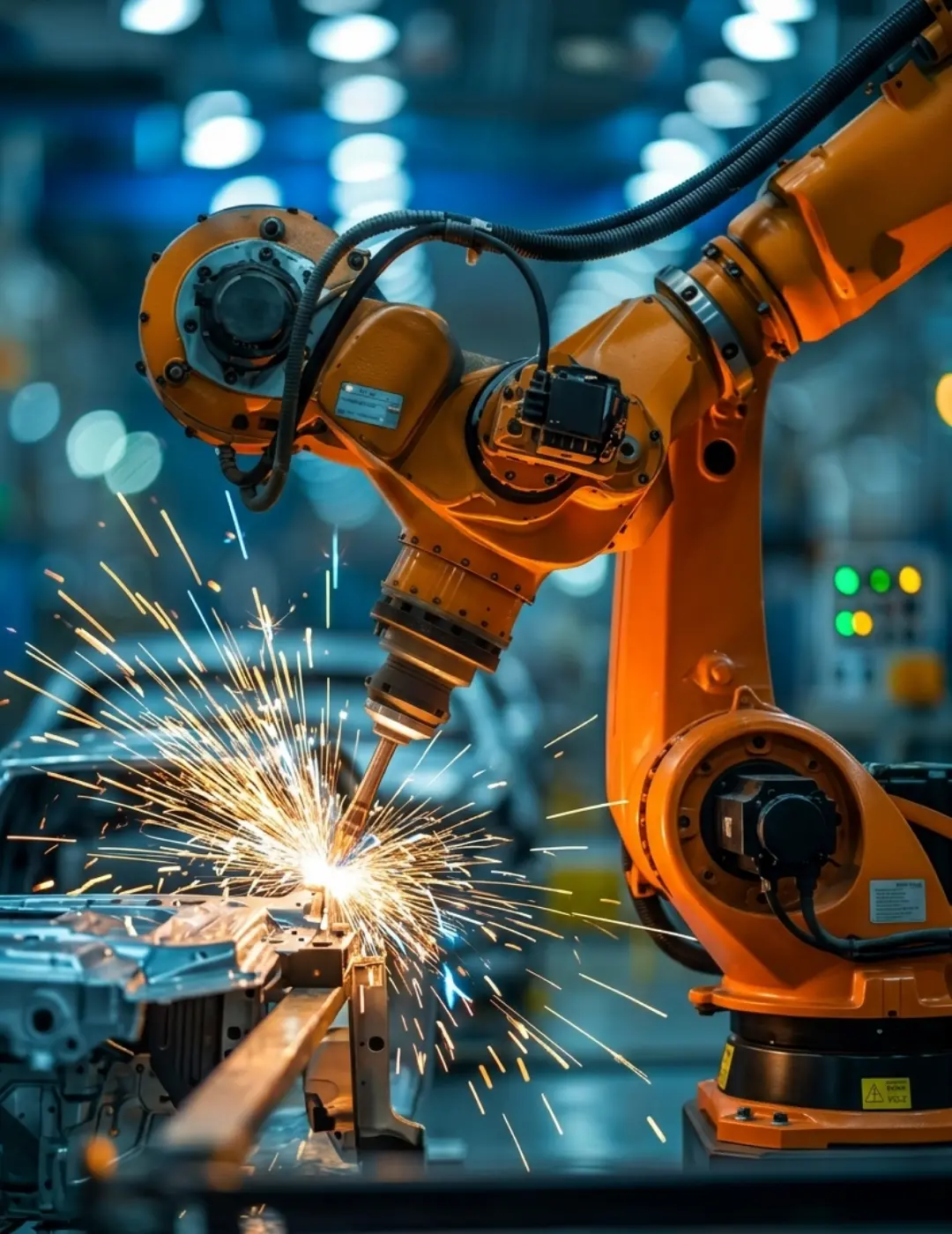 Robotic arm assembling a vehicle on a factory line.